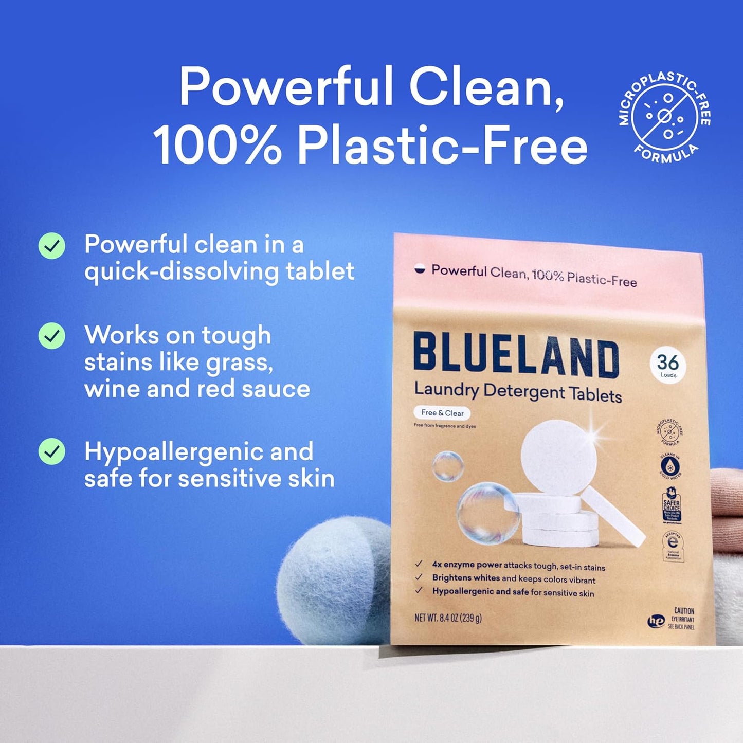 BLUELAND Laundry Detergent Tablets, 60 Count, Plastic-Free Eco-Friendly Pods, Sheets, Liquid