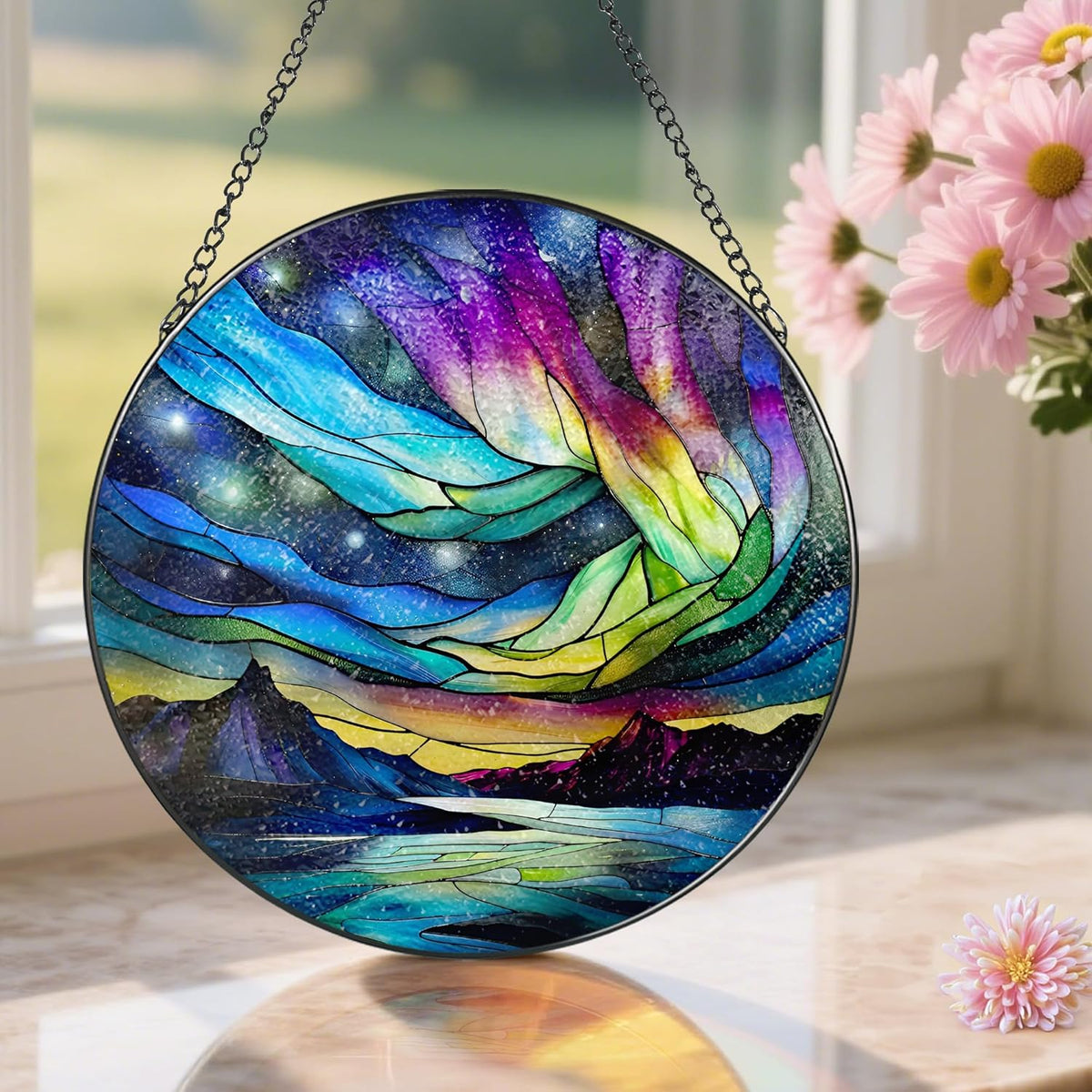 Stained Glass Window Hanging - 8 Inch Aurora Borealis Suncatcher for Window Doors Home Decoration