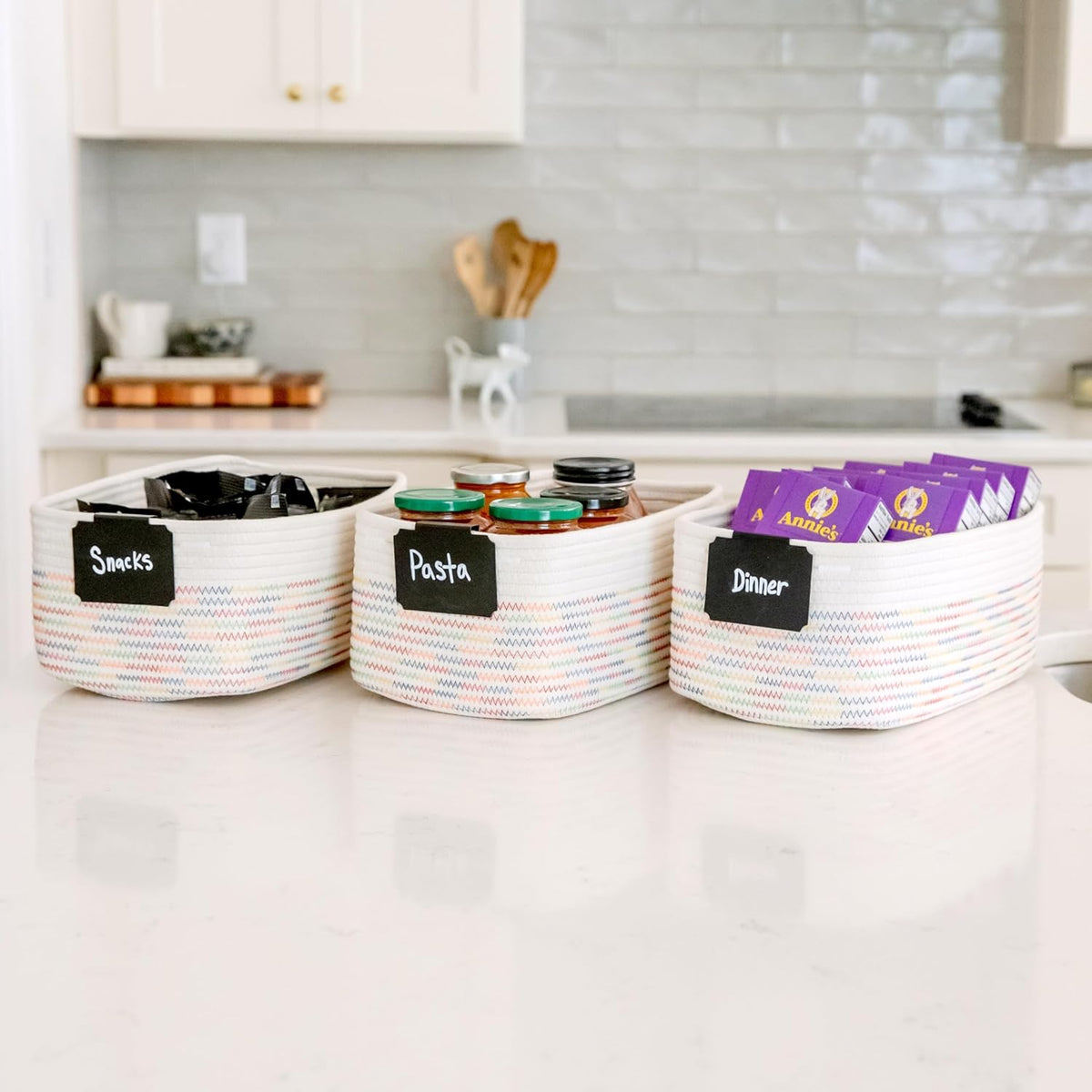 NaturalCozy 13.5”x8.5”x5.5” Rectangle Storage Baskets for Shelves 3 Pack | Cotton Rope Woven Small