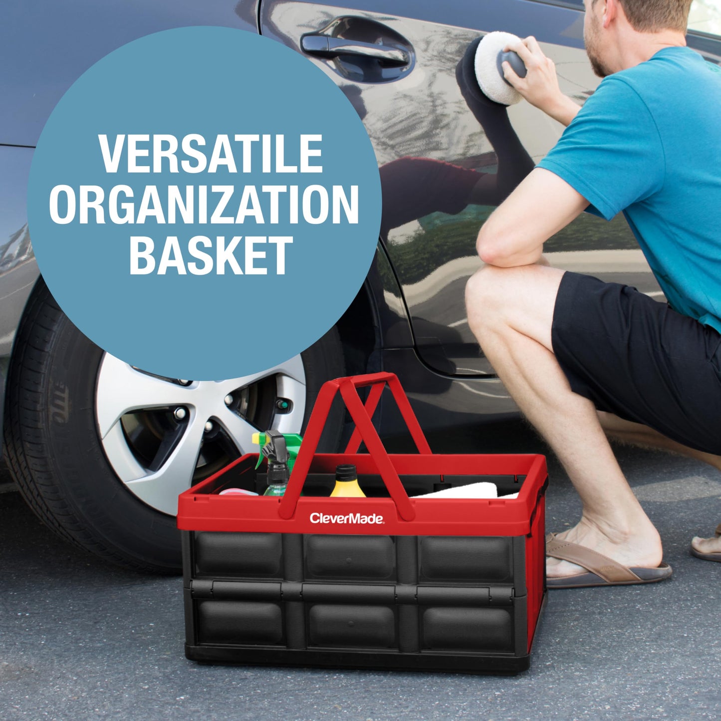 CleverMade Collapsible Shopping Basket, 32L Storage Crate, 1 Pack, Red