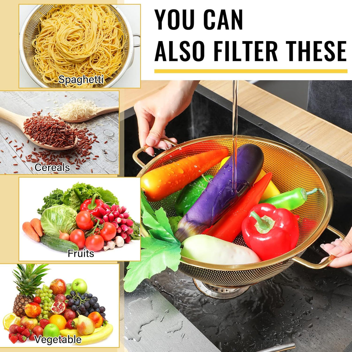 Norme 5 Quart Stainless Steel Gold Colander and 3 Pcs Gold Fine Mesh Strainer, Stainless Steel