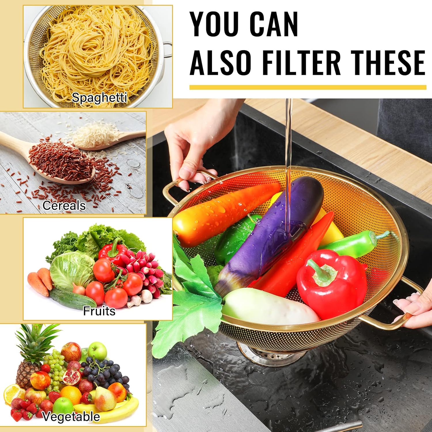 Norme 5 Quart Stainless Steel Gold Colander and 3 Pcs Gold Fine Mesh Strainer, Stainless Steel