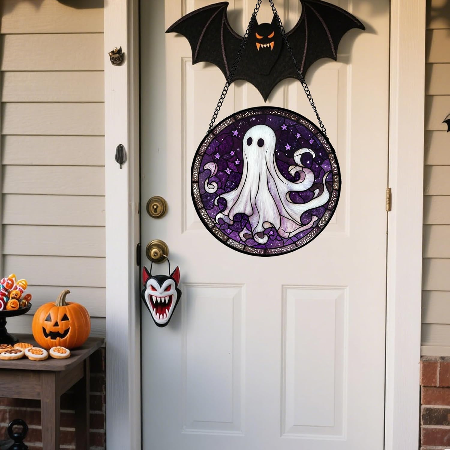 Stained Glass Window Hanging - Halloween Decorations White Ghost Purple Stars Suncatcher for Doors