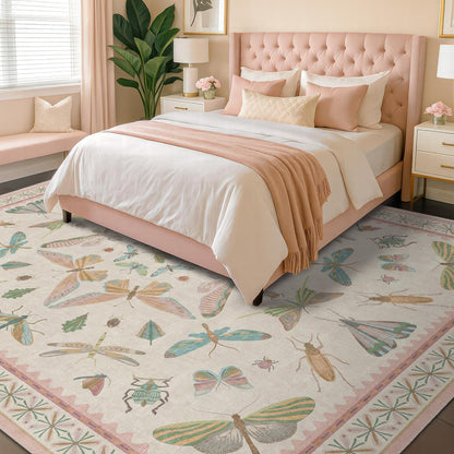 Floral Pink Rugs for Bedroom Girls 6x9 - Insect Print Cute Girly Rug for Living Room, Dining Room