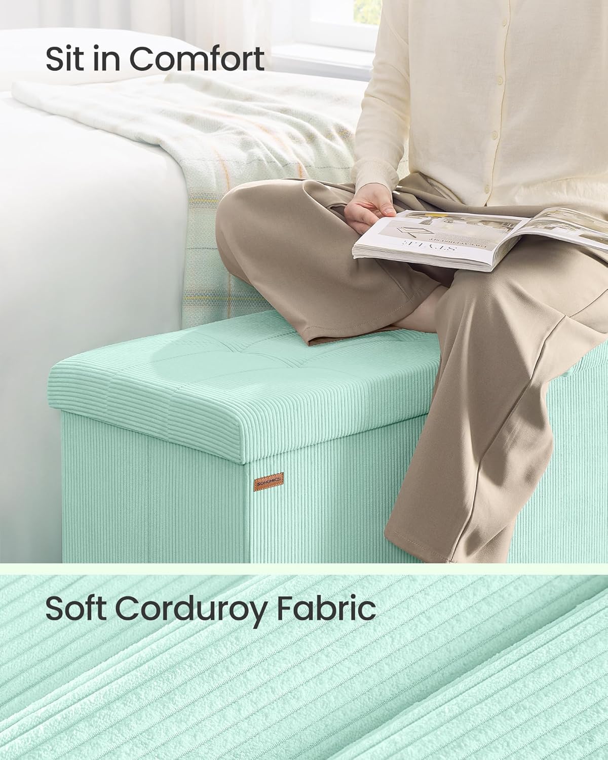 SONGMICS MAZIE Collection - Storage Ottoman Bench, Foldable Foot Rest, 15 x 43 x 15 Inches, End of