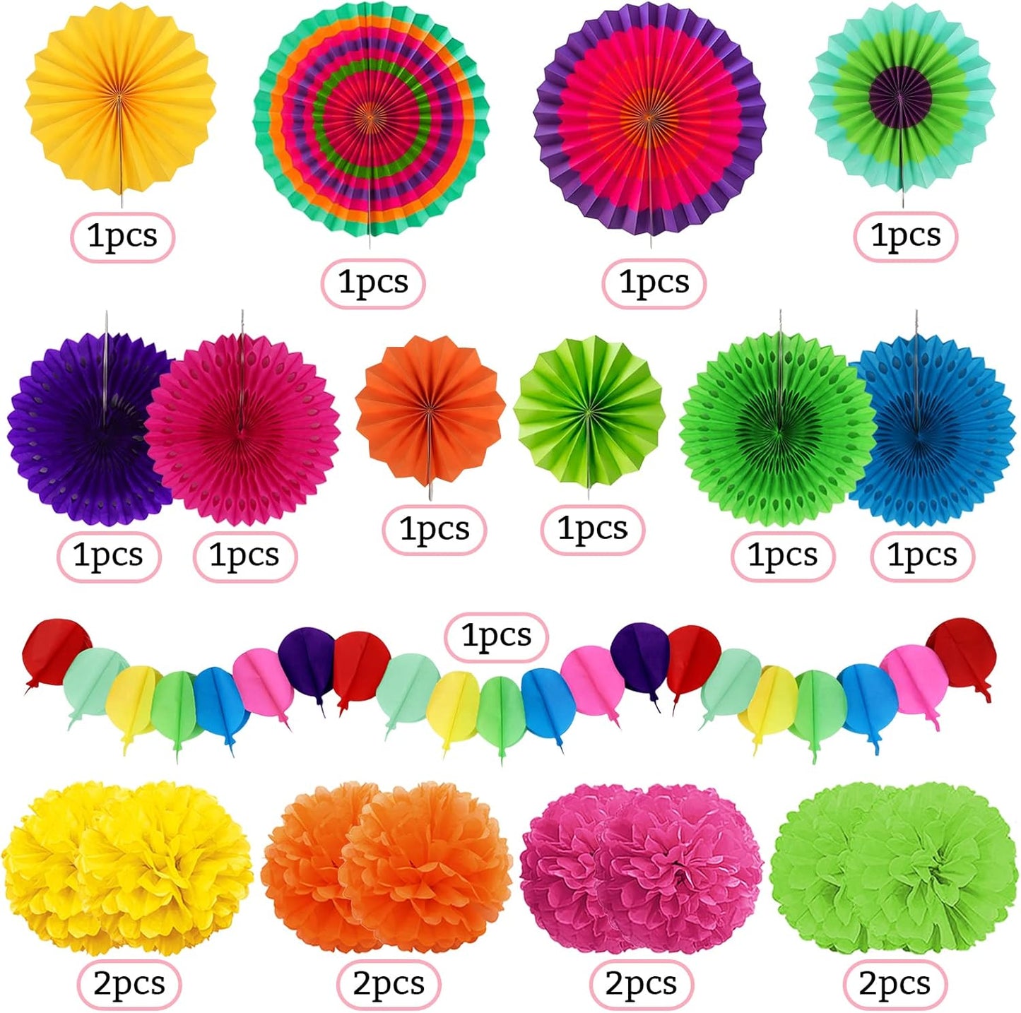 Fiesta Party Decorations, Multicolored Paper Pompoms Fan Garlands for Mexican Party Cinco De Mayo