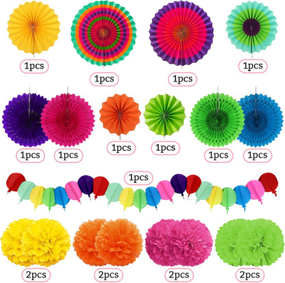 Fiesta Party Decorations, Multicolored Paper Pompoms Fan Garlands for Mexican Party Cinco De Mayo