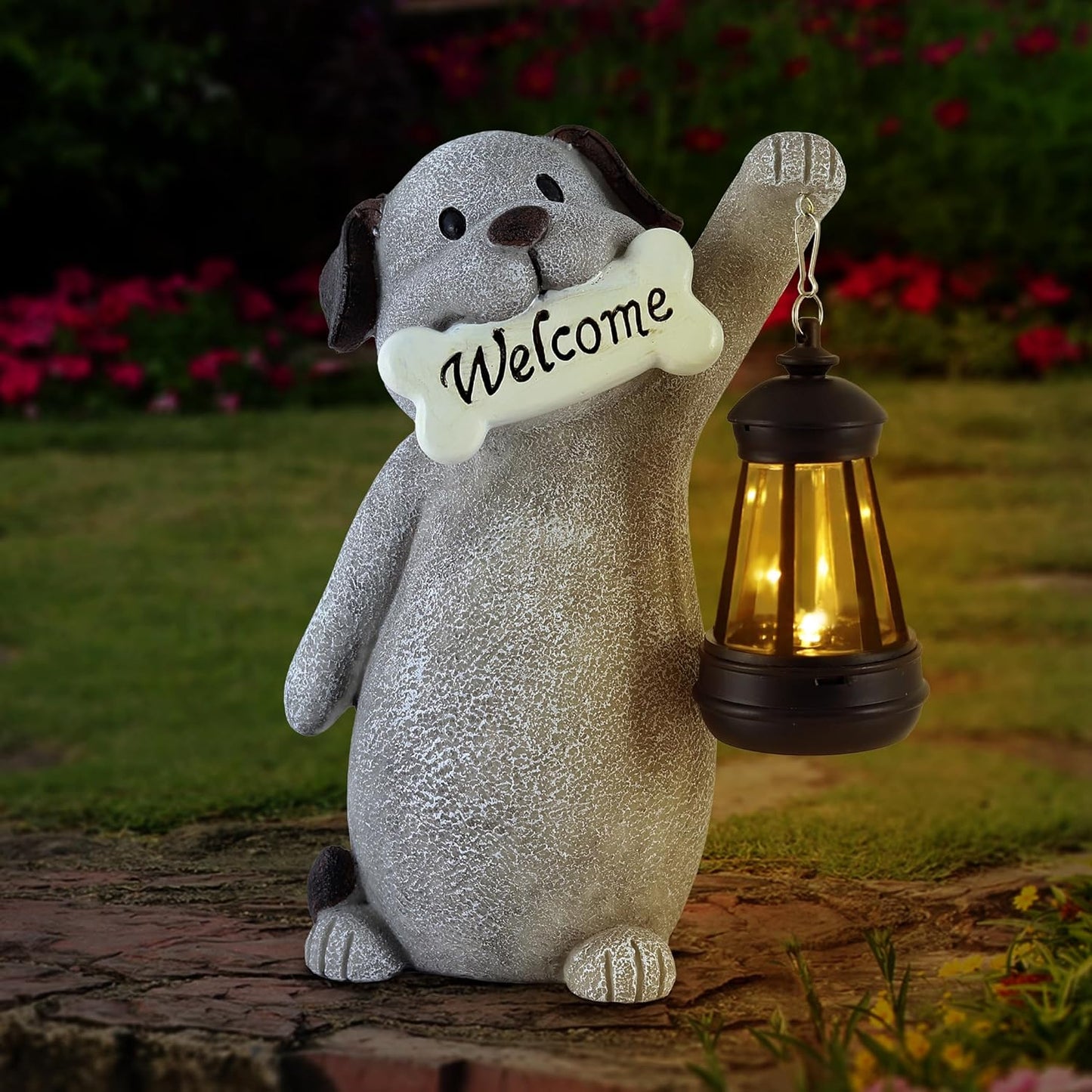 Solar Dog Statues for Garden Decor - Outdoor Dog Figurines with Solar Lantern for Yard Patio Lawn