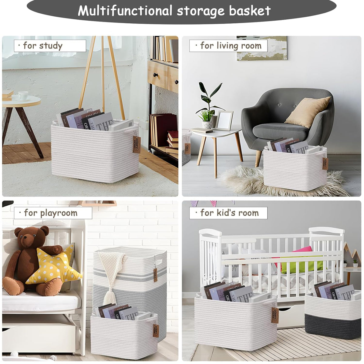 COMFY-HOMI Cotton Rope Woven Basket with Handles for Shelves,Toys,Book, Cloth Storage Baskets Bin