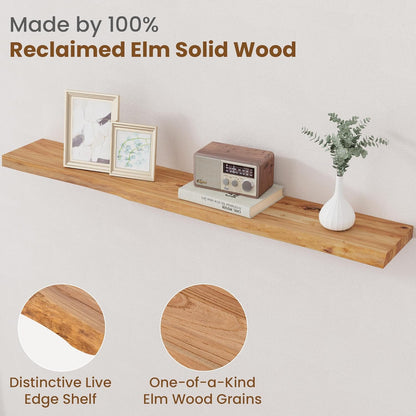 Floating Shelves for Wall Decor, Rustic Solid Elm Wood Live Edge Floating Shelves Wall Mounted