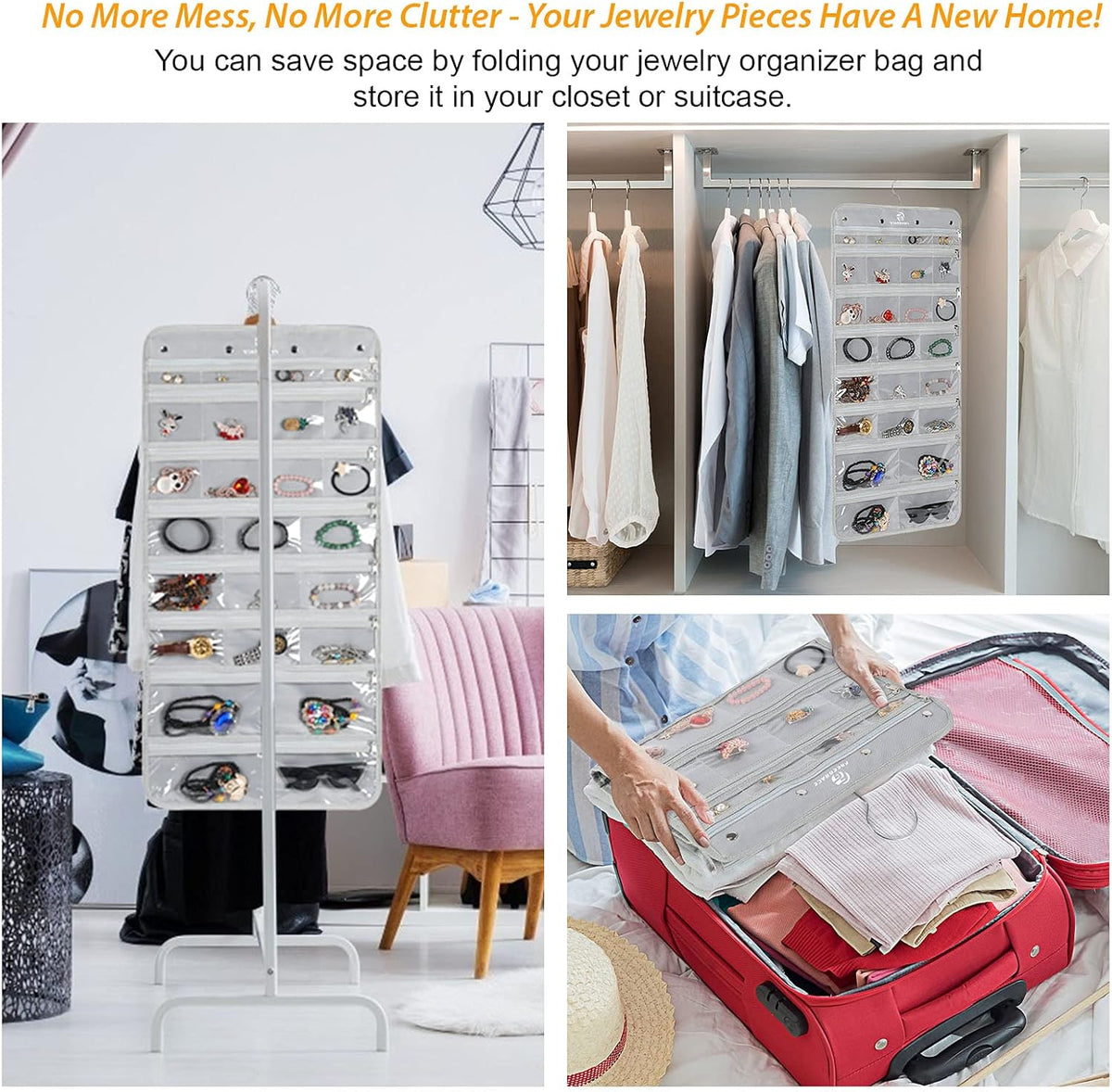 Freegrace Hanging Jewelry Organizer Revolving Hanger - Secure Zipper Closure - 25 Pockets,23 Hooks