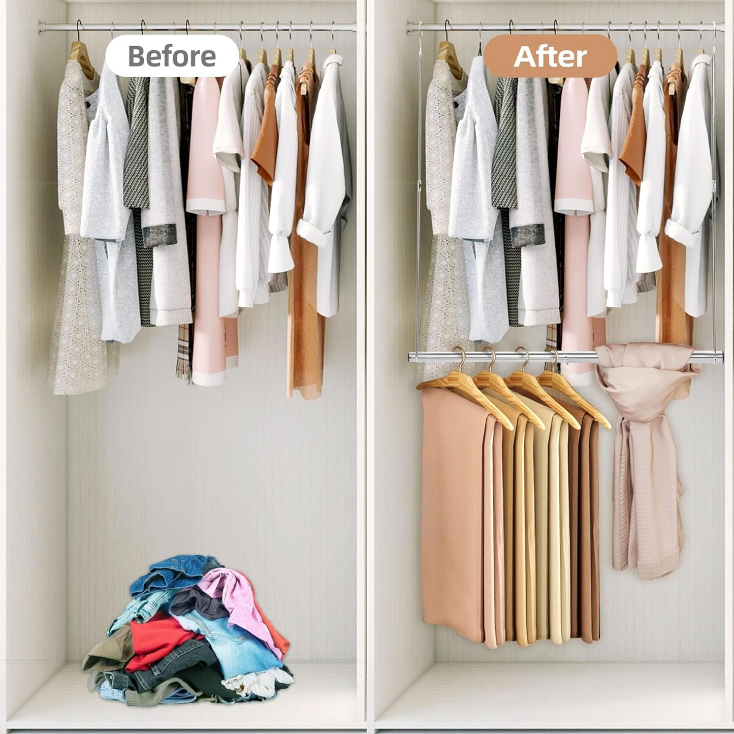 STORAGE MANIAC Hanging Closet Rod, Adjustable Width and Height Closet Hanging Organizer