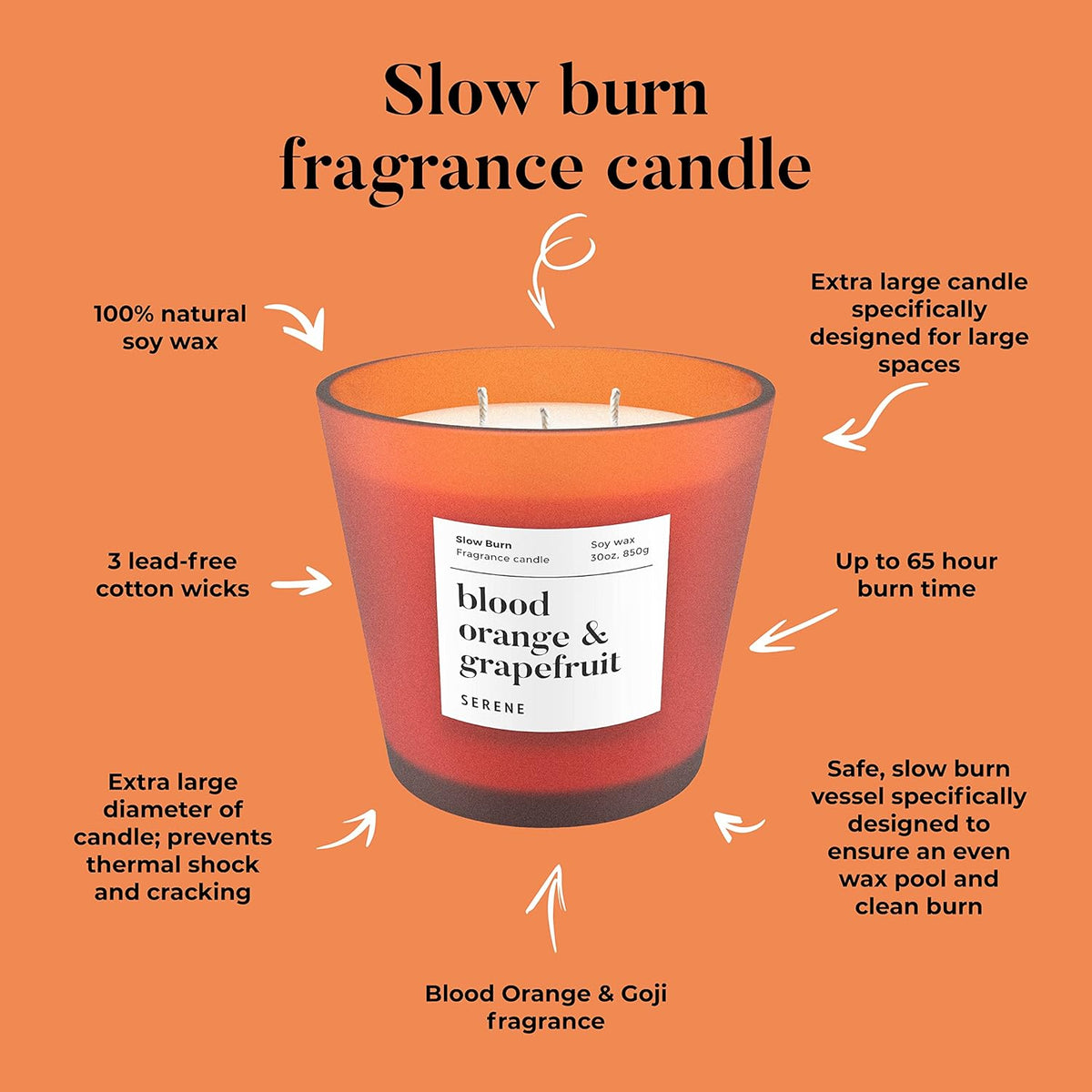 Hidden Label Large Scented Candle, Blood Orange & Grapefruit, 30oz 3 Wick Huge Candle, Serene