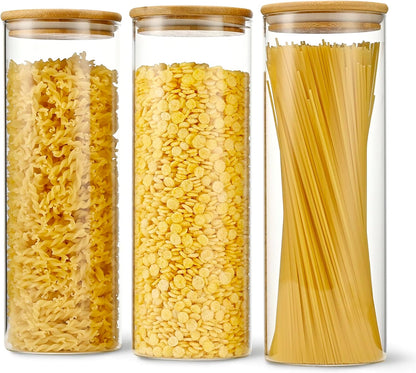 70oz Straight cylindrical Airtight Storage Jars with Bamboo Lid Set of 3 Storage Container Glass