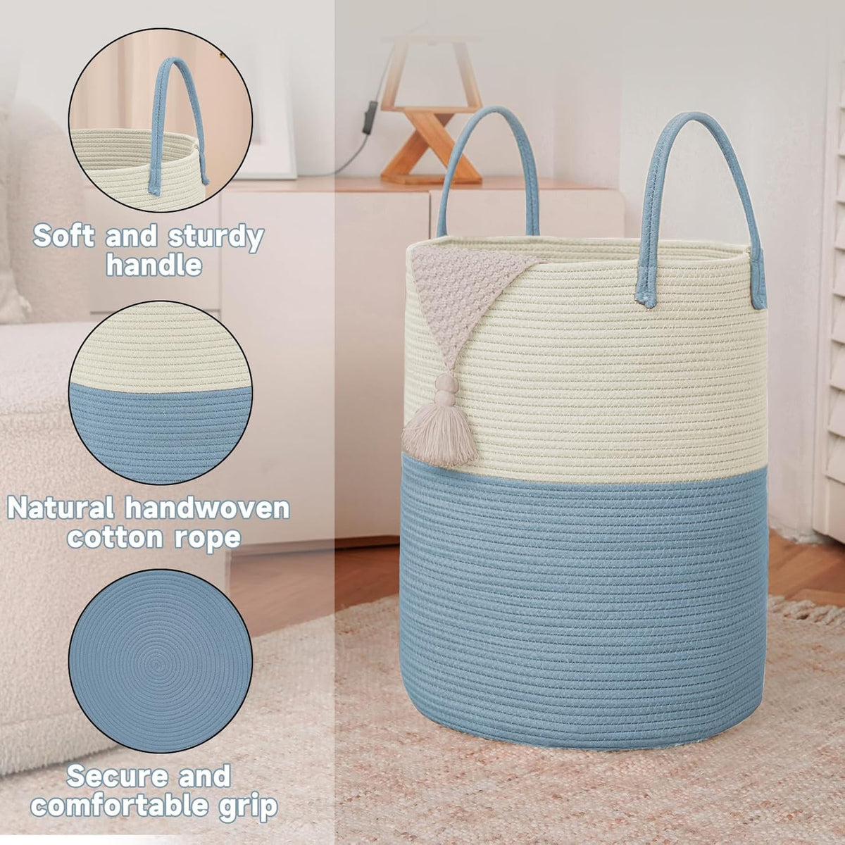 Large Woven Laundry Basket Hamper,100L Cotton Rope Storage Bin for Blankets,Toys and