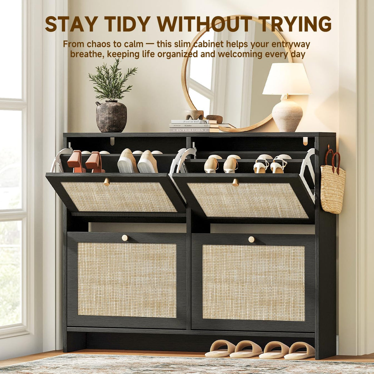 Nicetree Shoe Cabinet Storage for Entryway, 4-Flip Drawer Narrow Shoe Rack with Adjustable Shelves