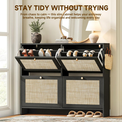 Nicetree Shoe Cabinet Storage for Entryway, 4-Flip Drawer Narrow Shoe Rack, Organic Modern Rattan