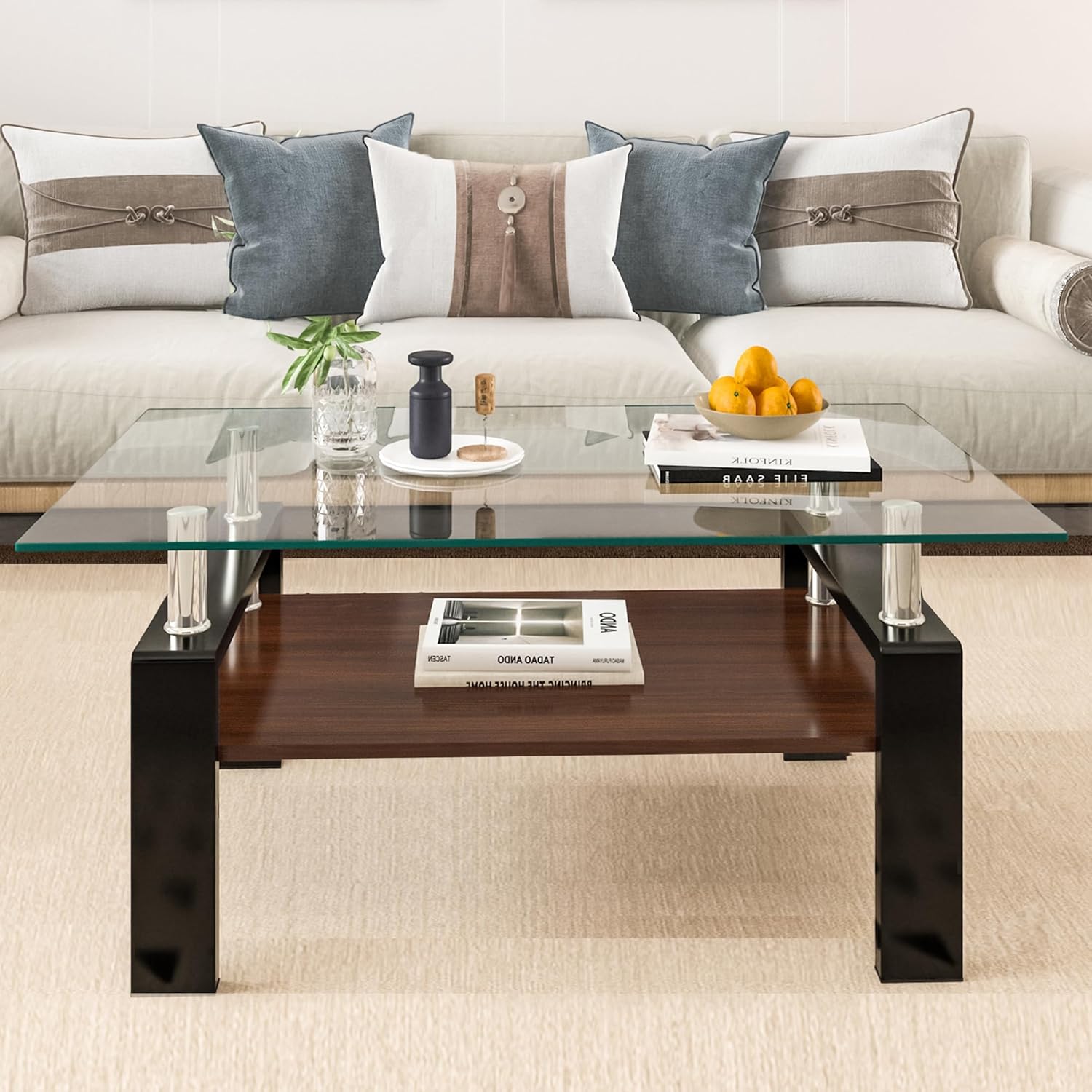 Tempered Glass Coffee Table Rectangle Living Room Center Table, with 39" Clear Top and Brown MDF