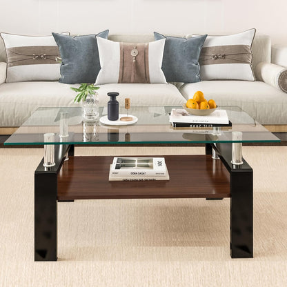 Tempered Glass Coffee Table Rectangle Living Room Center Table, with 39" Clear Top and Brown MDF