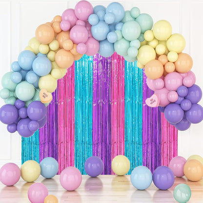 3 Pack 3.3 x 8.2 ft Blue Purple Pink Foil Fringe Backdrop Curtains, Tinsel Streamers Party