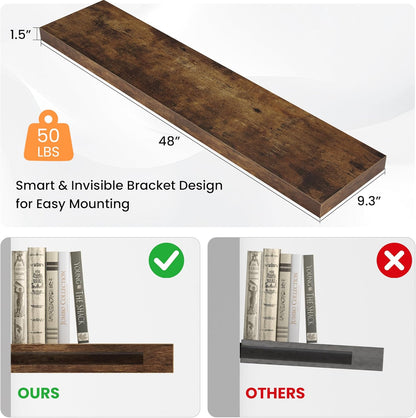 Floating Shelves for Wall, 48"W x 9.3"D x 1.5"H, Wooden Wall Mounted Display Shelf with Invisible