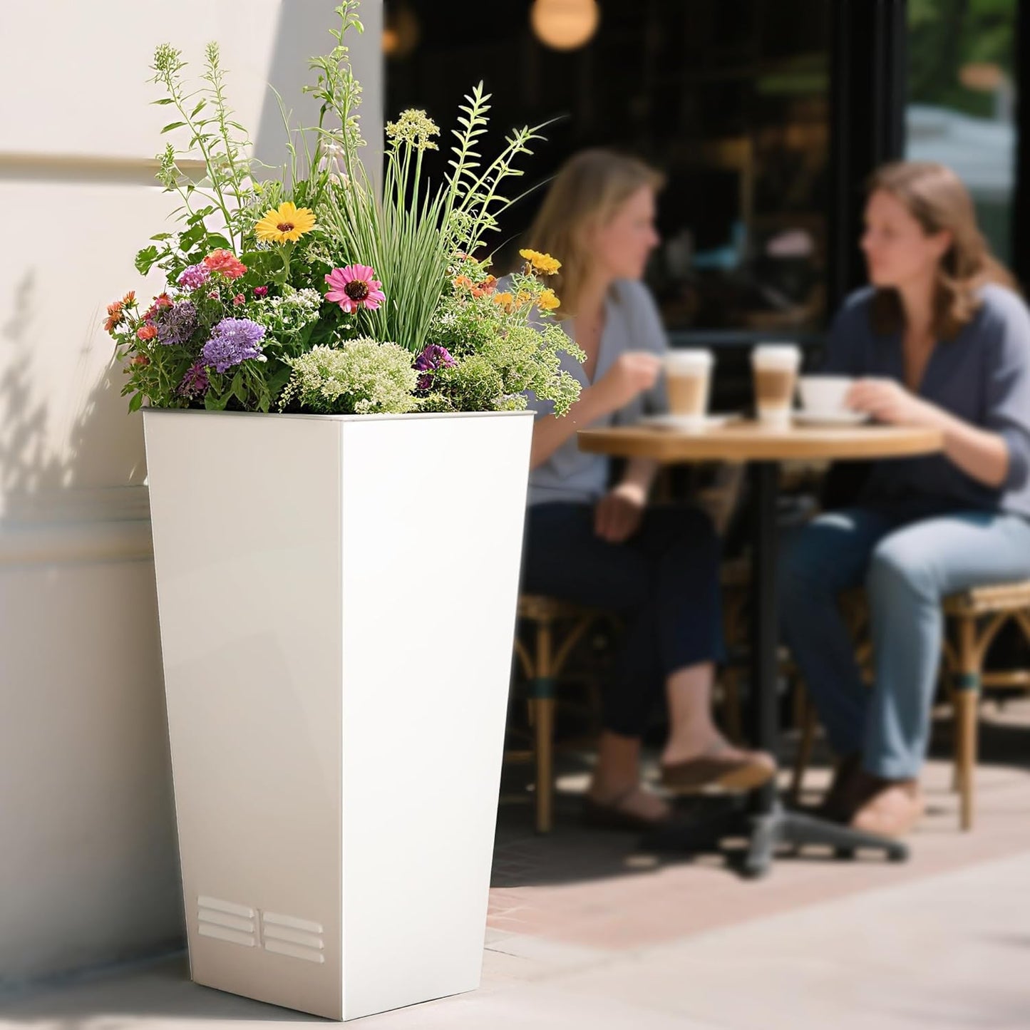 Worth Garden 28" H. Large Metal Glazed Planter Set of 2, Modern Glossy Finish White Tall Square