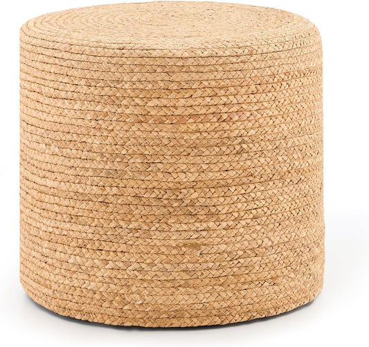 Handwoven Ottoman Pouf, Natural Water Hyacinth Footstool, Round Braided Outdoor Seat with Sturdy