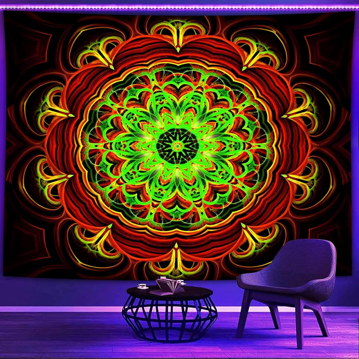 Blacklight Mandala Tapestry Wall Hanging, Psychedelic Black Light Posters for Adults and Teens, UV