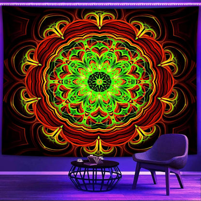 Blacklight Mandala Tapestry Wall Hanging, Psychedelic Black Light Posters for Adults and Teens, UV