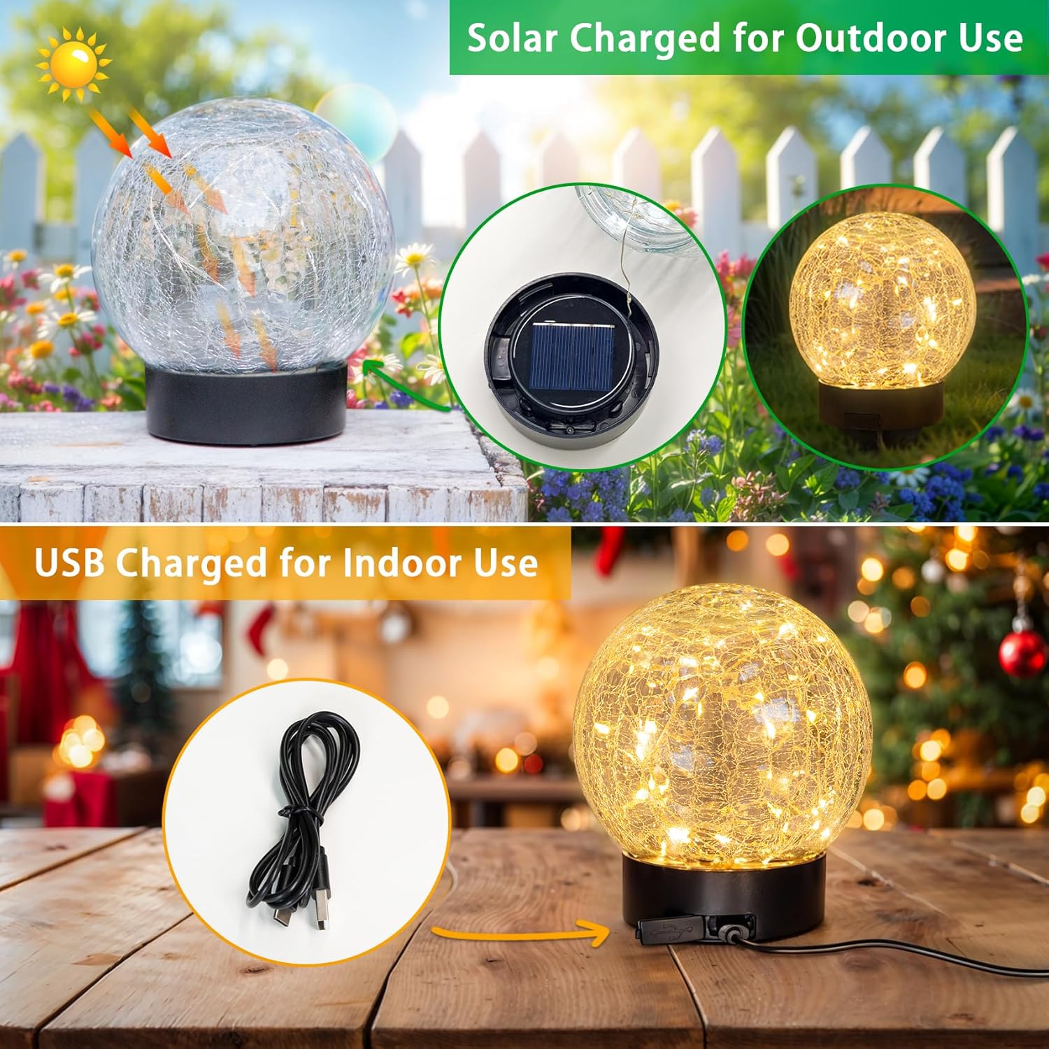 Beautyard Solar Globe Lights Outdoor USB Charged Garden Decor 3.94" Diameter 30LED 1000mAh Solar
