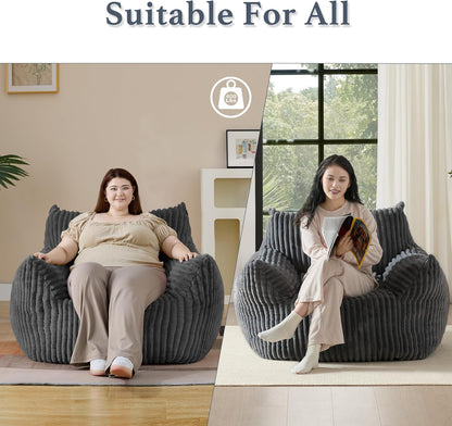 Giant Plush Bean Bag Chair for Adults with Armrests - Oversized Comfy Grey Beanbag Lounge Lazy
