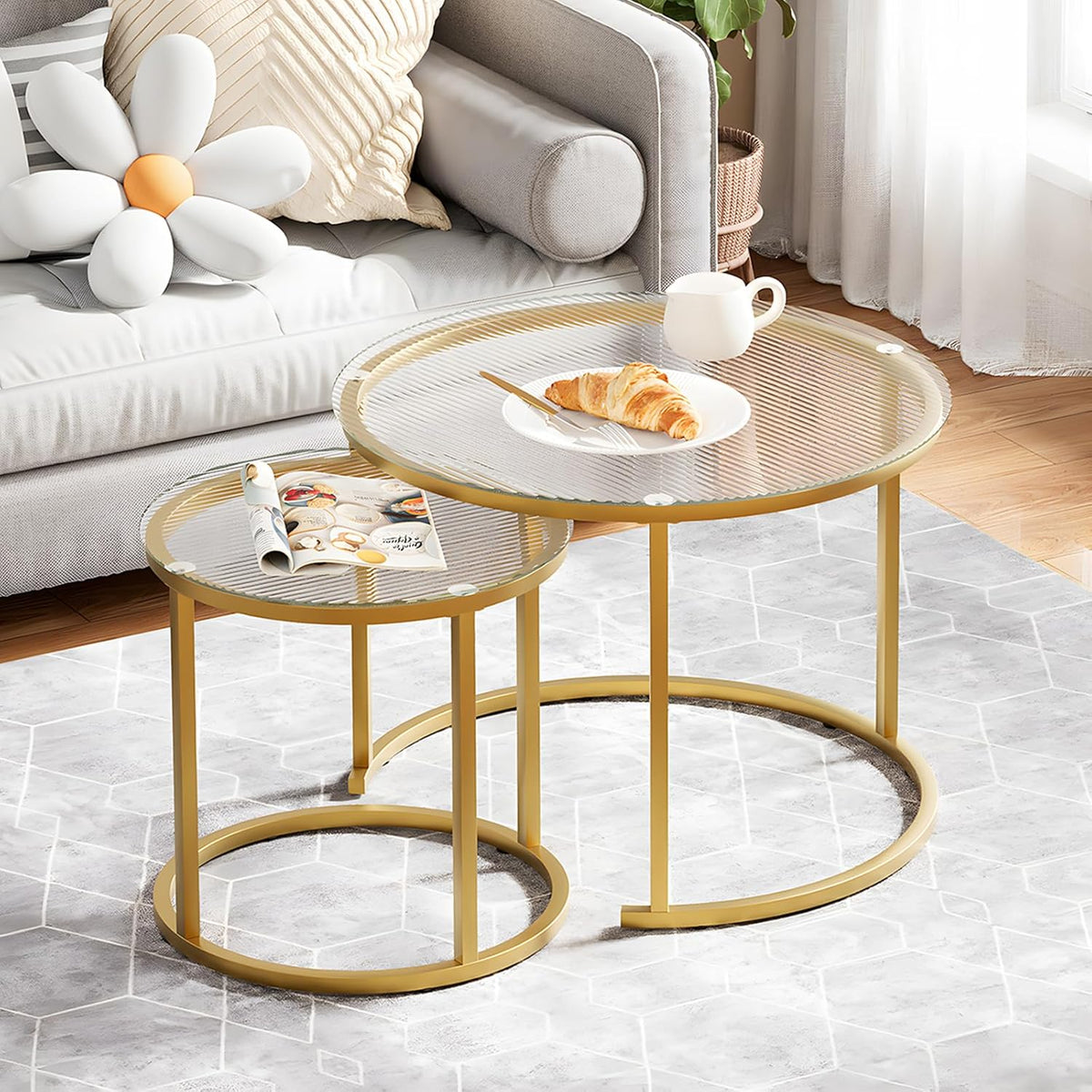 aboxoo Nesting Coffee Table Set of 2, Small Round Glass Nesting Tables for Living Room Bedroom