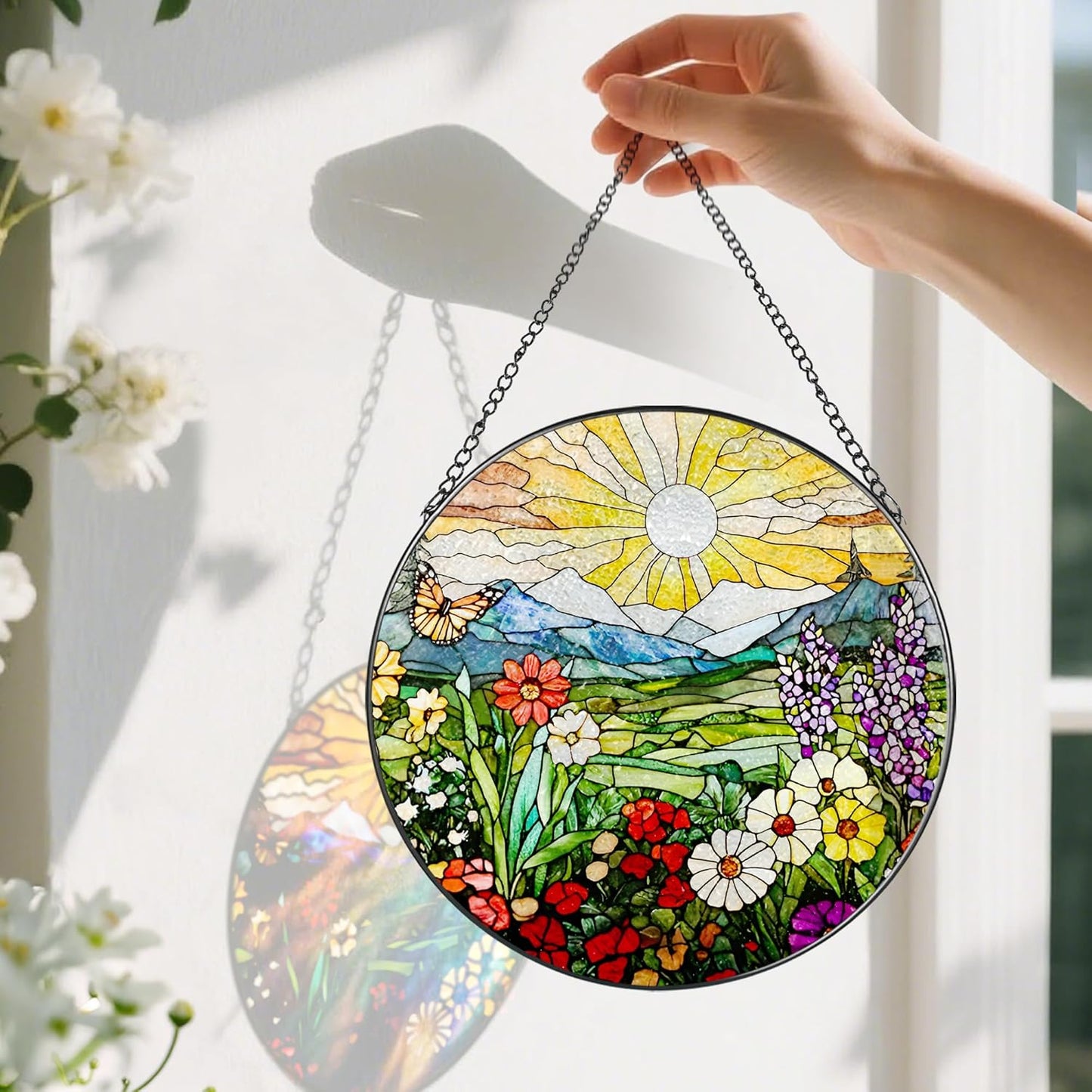 8 Inch Mountain Wildflowers Stained Glass Suncatcher, Suncatchers for Windows Hanging, Window