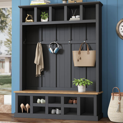Farmhouse Wood Hall Tree with Bench and Shoe Storage, 5-in-1 Coat Rack with 6 Hooks for Entrance