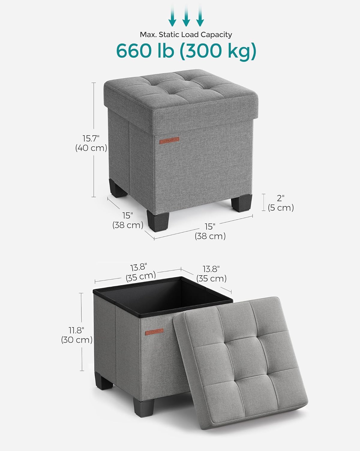 SONGMICS Storage Ottoman, Small Ottoman Foot Rest with Legs, 15 x 15 x 15.7 Inches Foot Stool, Load