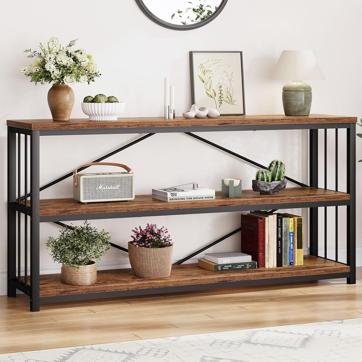 LVB Rustic Entryway Table, Industrial Extra Long Hallway Sofa Table, Wood Metal Narrow Console