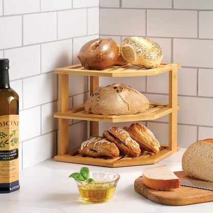 2-Pack Plate Organizer for Cabinet - Bamboo Corner Shelf for Kitchen or Bathroom Storage