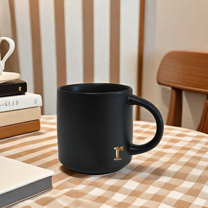 COLLECTIVE HOME - Black Monogram Ceramic Mugs, 15 oz Golden Initial Coffee Cups, Elegant Alphabet