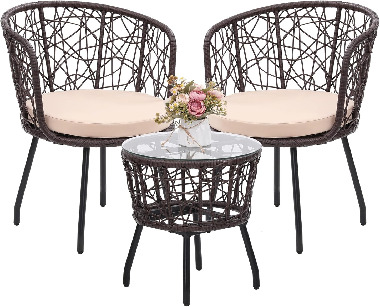 Kromax 3 Piece Bistro Set, Modern Outdoor Wicker Patio Furniture with Tempered Glass Table Top and