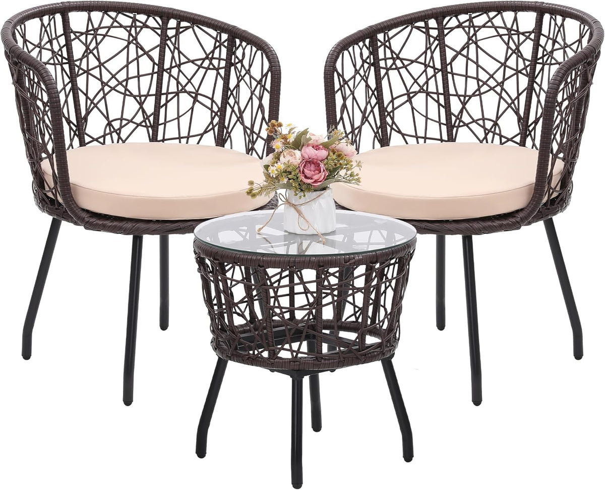 Kromax 3 Piece Bistro Set, Modern Outdoor Wicker Patio Furniture with Tempered Glass Table Top and