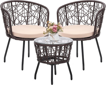 Kromax 3 Piece Bistro Set, Modern Outdoor Wicker Patio Furniture with Tempered Glass Table Top and