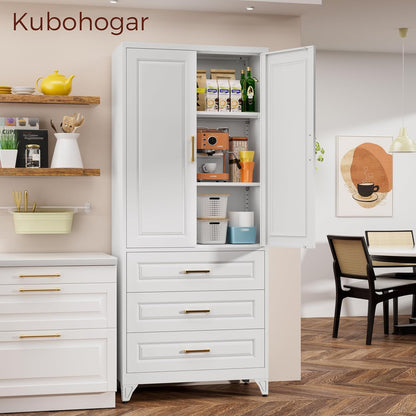 75" Kitchen Pantry Cabinet, Metal Storage Cabinets with Doors and Adjustable Shelves, White Tall