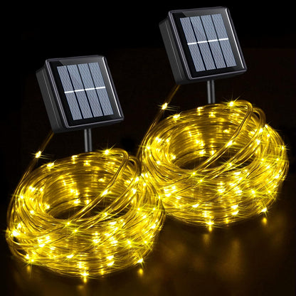 YEGUO 2 Packs Each 33ft 100 LED Solar Rope Lights Outdoor Waterproof, Warm White String Lights for