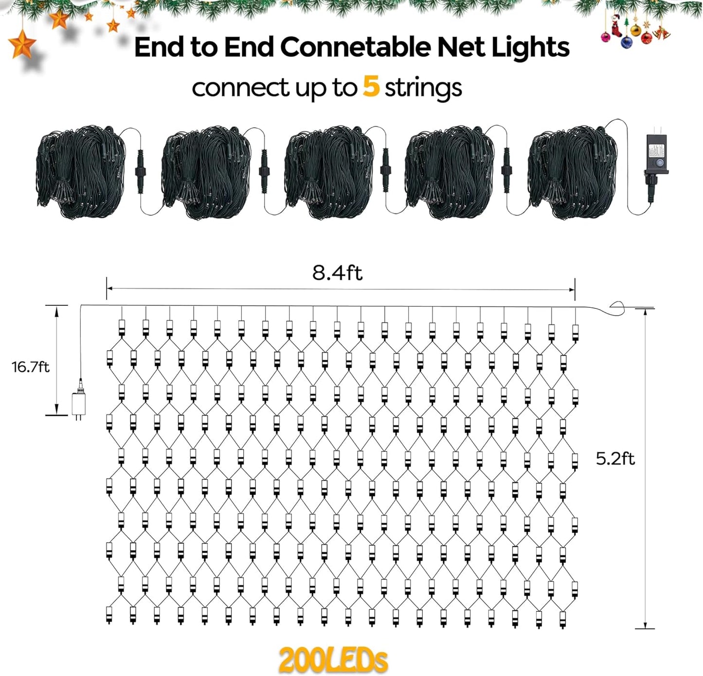 WBao Outdoor Christmas Lights 200LED F8 Big Bulbs, 8.4ft x 5.2ft Christmas Net Lights with 8 Modes
