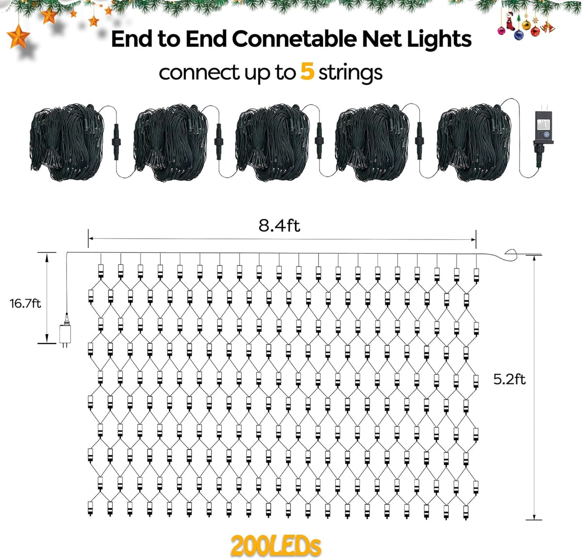 WBao Outdoor Christmas Lights 200LED F8 Big Bulbs, 8.4ft x 5.2ft Christmas Net Lights with 8 Modes
