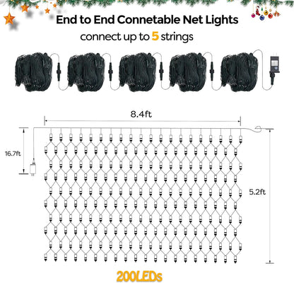 WBao Outdoor Christmas Lights 200LED F8 Big Bulbs, 8.4ft x 5.2ft Christmas Net Lights with 8 Modes