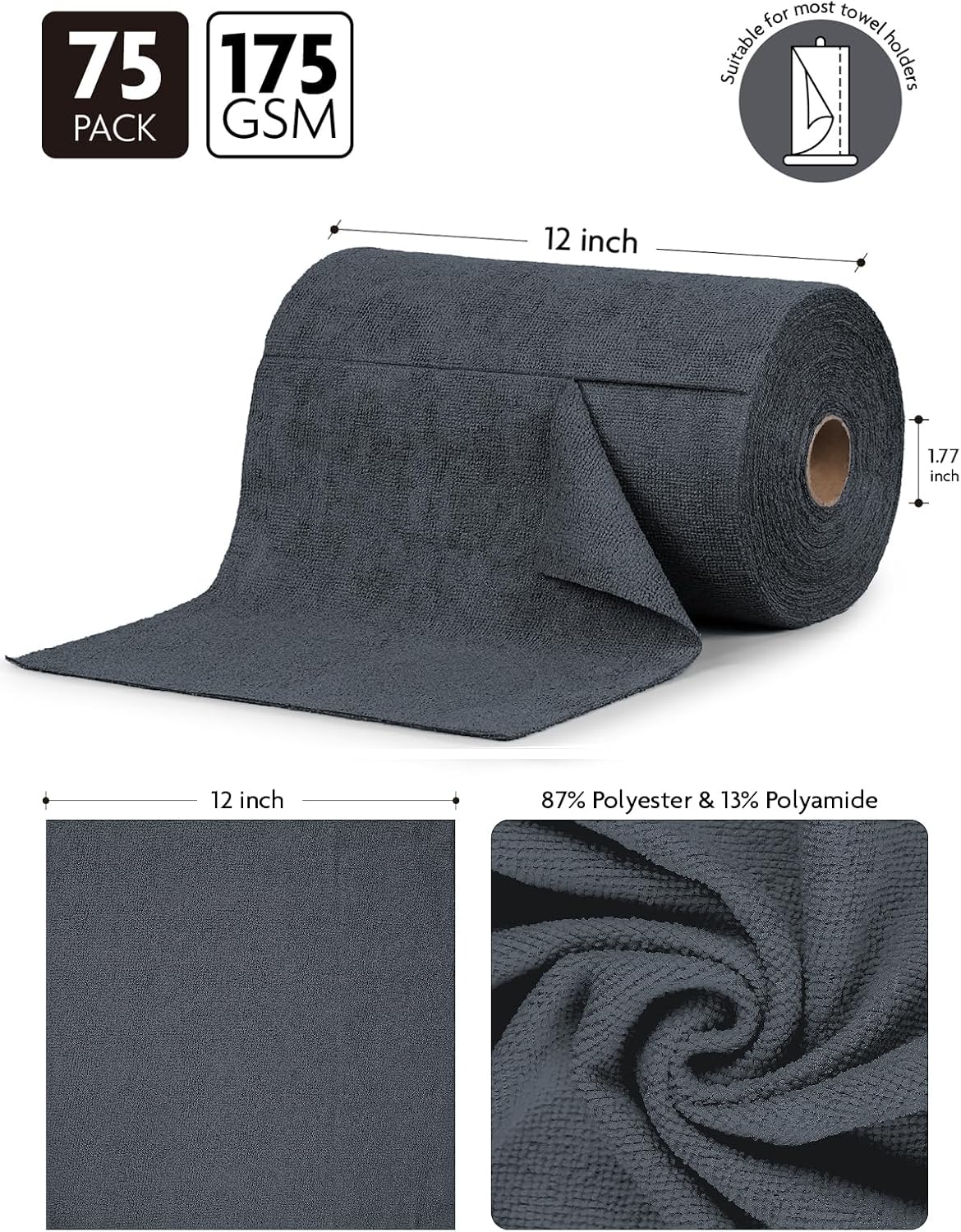 Fantasticlean Microfiber Cleaning Cloth Roll -75 Pack, Tear Away Microfiber Towels, 12" x 12"