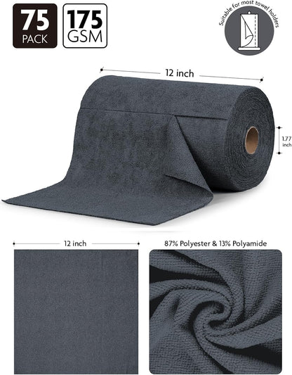 Fantasticlean Microfiber Cleaning Cloth Roll -75 Pack, Tear Away Microfiber Towels, 12" x 12"