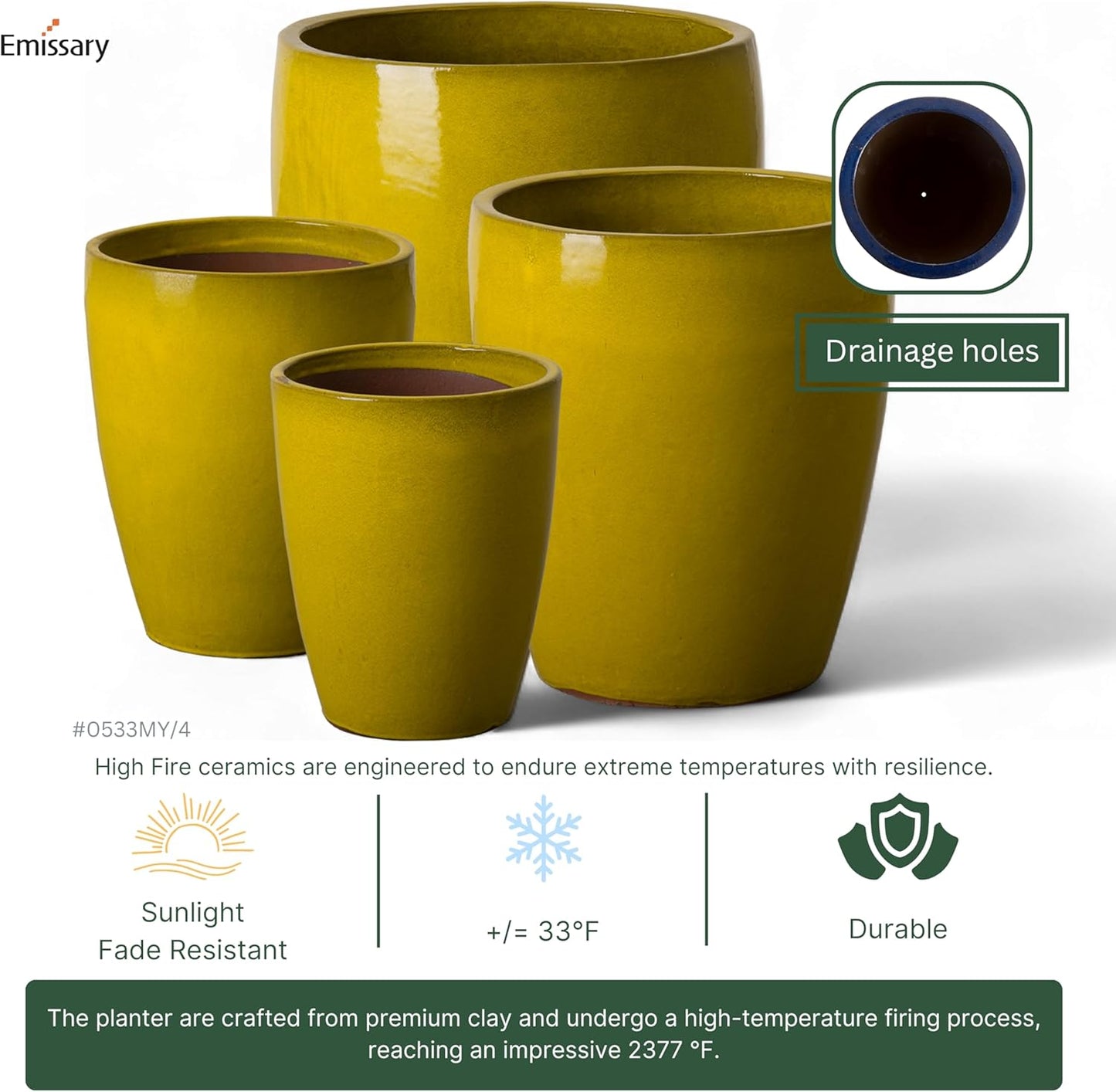 Emissary Bullet 18 in. Mustard Yellow Ceramic Round Planter (18 in. L x 18 in. W x 21 in. H) with