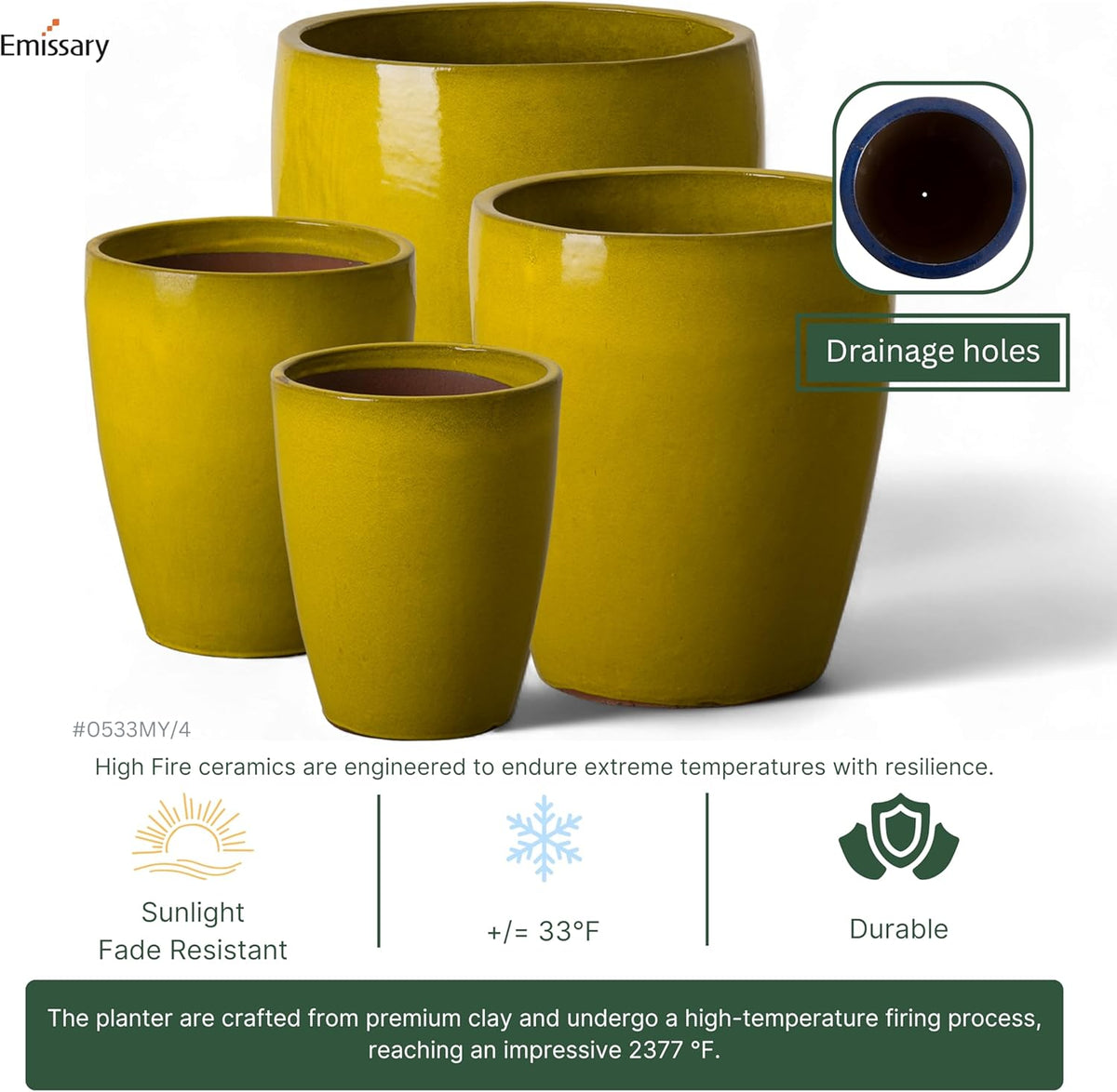 Emissary Bullet 14 in. Mustard Yellow Ceramic Round Planter (14 in. L x 14 in. W x 15.5 in. H) with